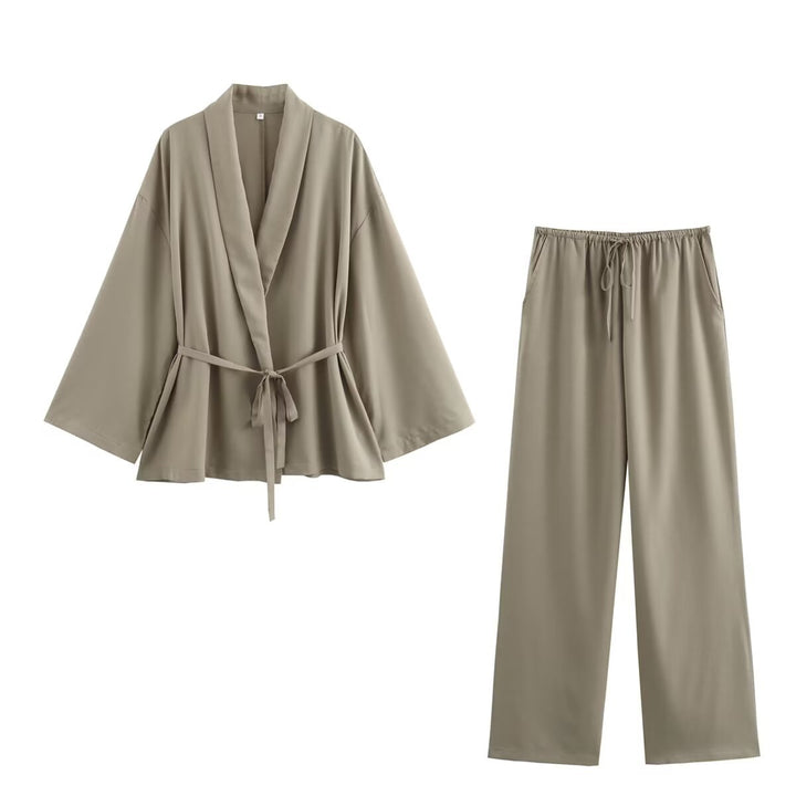 Damen Kimono-Jacke mit Wickelgürtel, weitem Schnitt und Schalkragen Drune