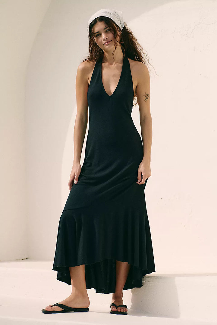 Damen elegantes Maxikleid mit tiefem V-Ausschnitt und schwingendem Saum Drune
