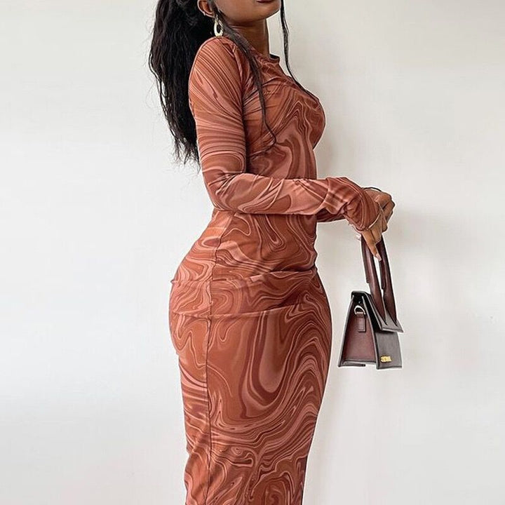 Damen Elegantes Langarmkleid mit modernem Marmormuster Drune