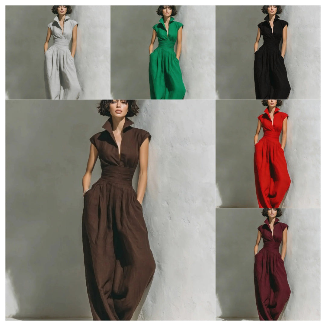 Damen Jumpsuit mit weitem Bein, tailliertem Wickelbund und Stehkragen Drune