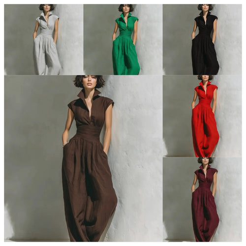 Damen Jumpsuit mit weitem Bein, tailliertem Wickelbund und Stehkragen Drune