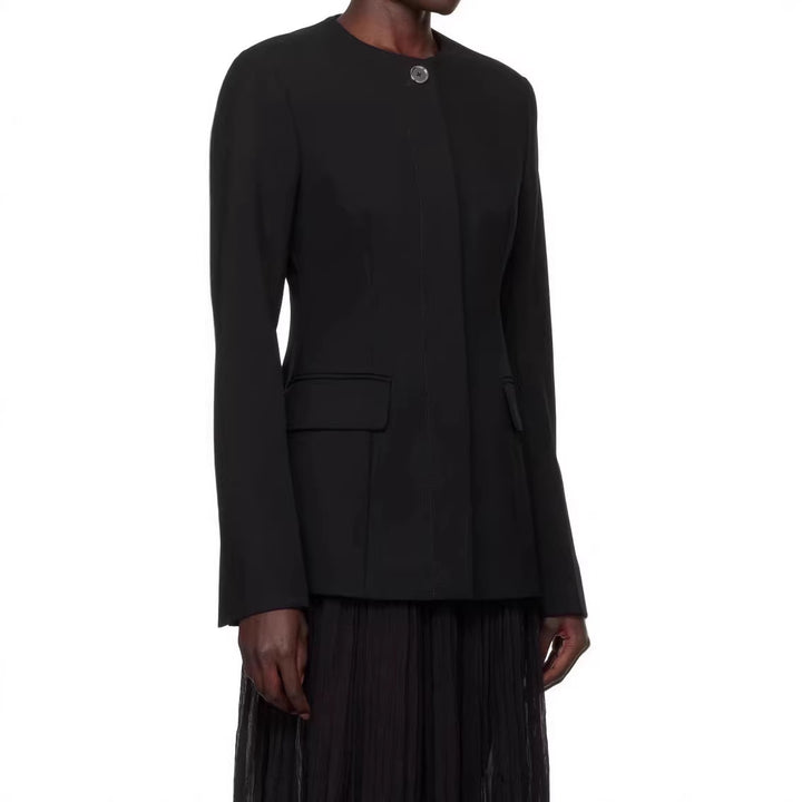Damen taillierter Einreiher-Blazer mit Rundhalsausschnitt, verdeckter Knopfleiste und Pattentaschen Drune