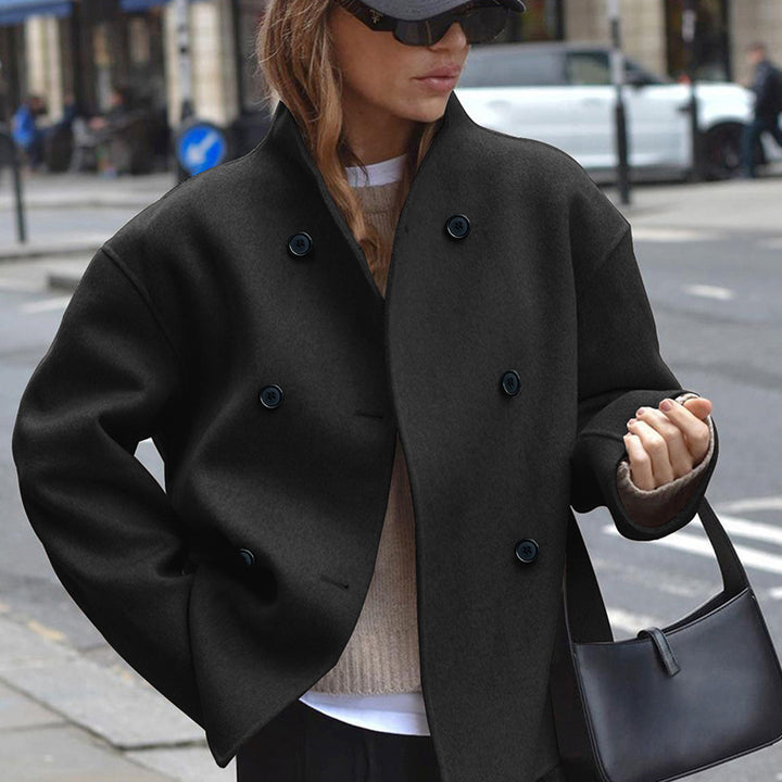 Damen Kurz geschnittener Oversize-Wollmantel mit doppelreihiger Knopfleiste und Stehkragen Drune