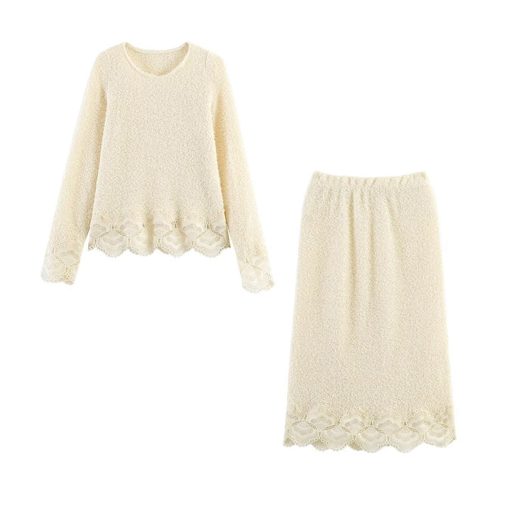Damen Bouclé-Strickpullover mit Spitzenbesatz und gewelltem Saum Drune