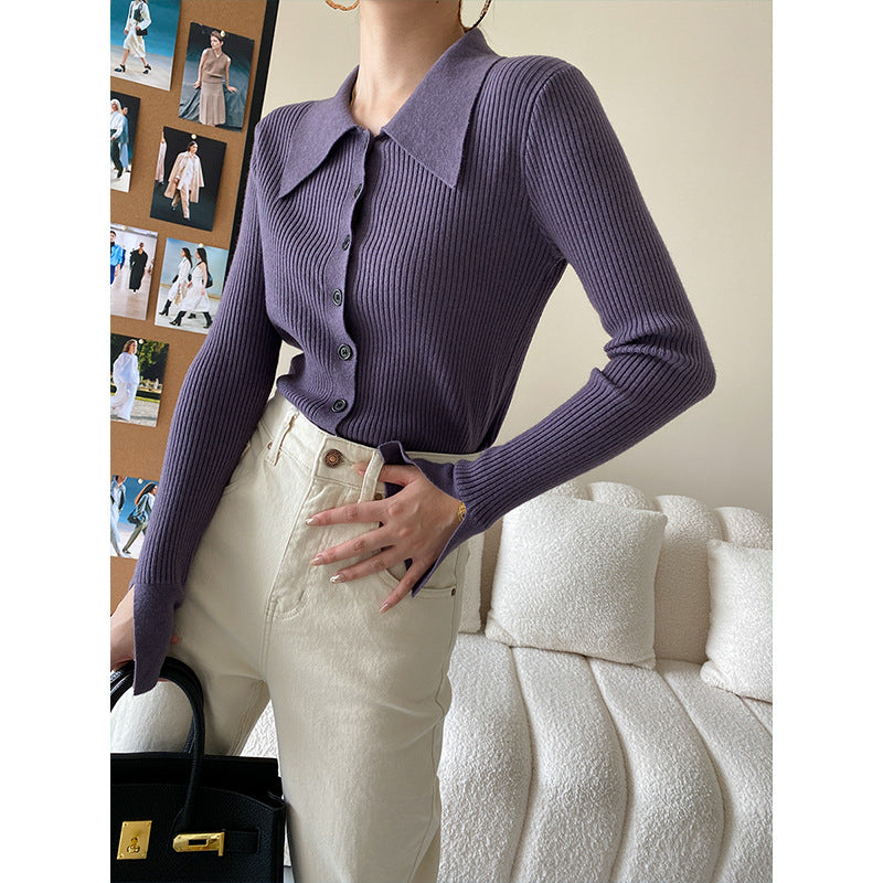 Damen Elegantes Strickoberteil mit großem Kragen Drune