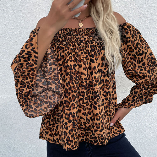 Damen Carmen-Bluse mit Smok‑Bündchen, Carmen‑Ausschnitt und Leopardenprint Drune