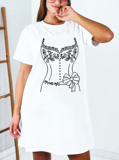 Damen T-Shirt-Kleid mit künstlerischem Blumenmotiv und figurbetontem Schnitt Drune