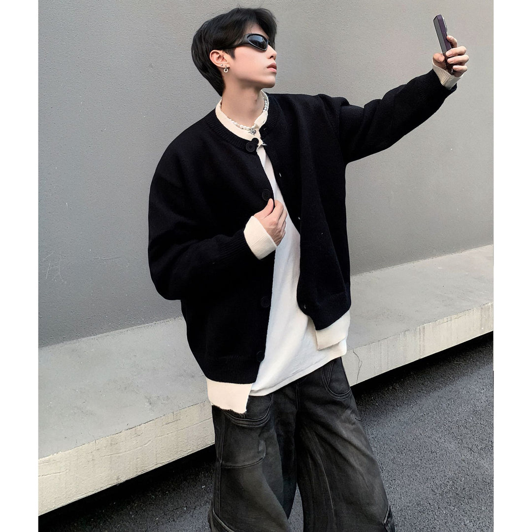 Herren Modische Strickjacke mit Knöpfen und kontrastierenden Ärmeln Drune