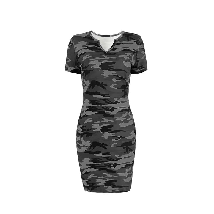 Damen Kurzarm Kleid im angesagten Camouflage-Stil mit figurbetontem Schnitt und V-Ausschnitt Drune