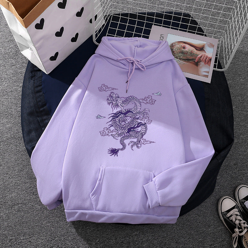 Unisex nan oversized Kapuzensweatshirt mit detailliertem Drachendruck, angerautem Fleece-Innenfutter und Känguru-Tasche Drune