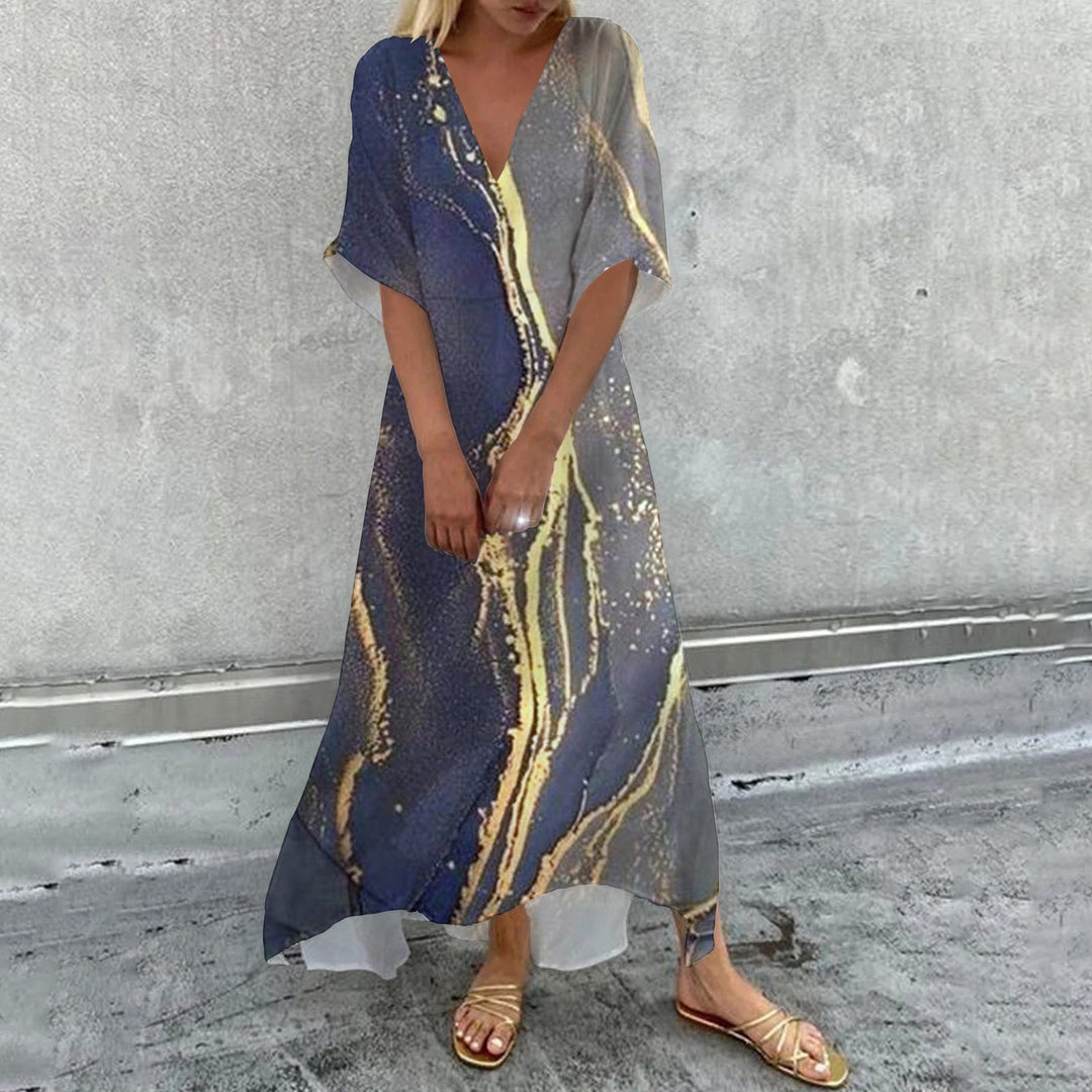 Drune | Frauen Kleider Blumenmuster V-Ausschnitt Kurzarm Schlitzkleid