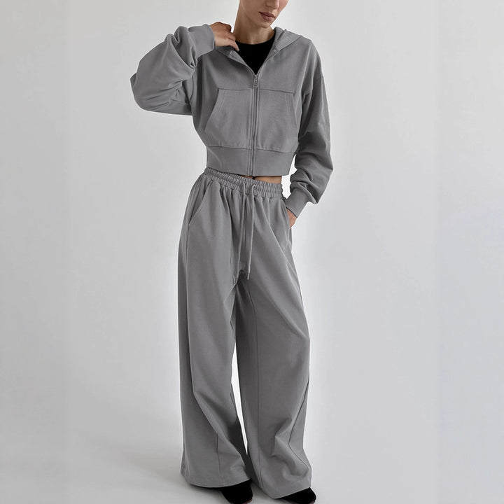 Damen Lässiges Crop-Top und weite High-Waist-Hose Set Drune