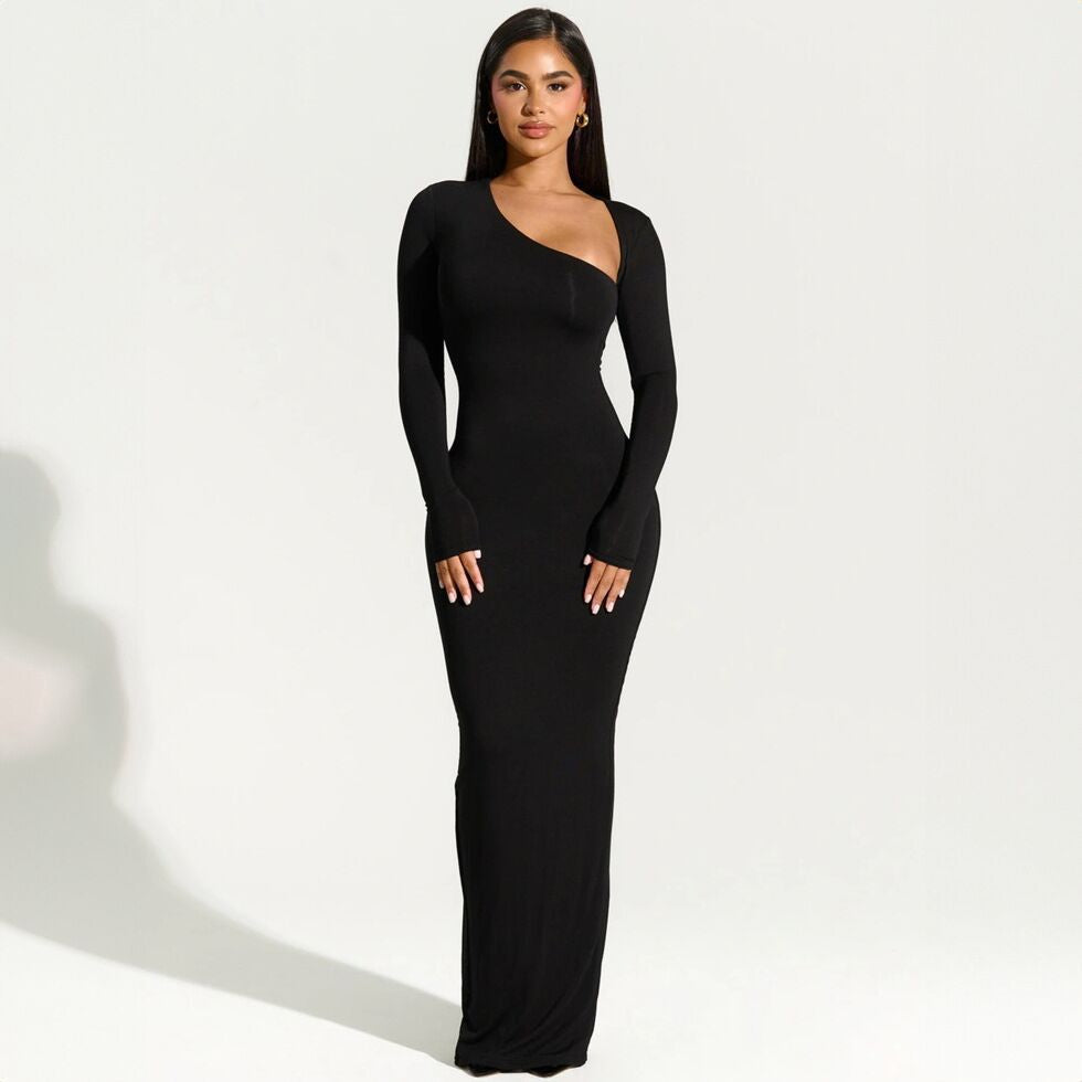 Damen elegantes Wickel-Maxi-Kleid mit asymmetrischem Halsausschnitt Drune