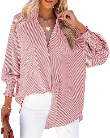 Damen legere Hemdbluse mit modischen Rüschenärmeln und Streifenmuster Drune