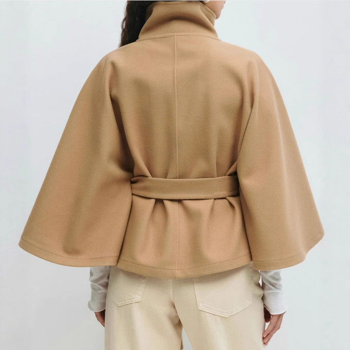 Damen nan weite Cape-Jacke mit Stehkragen, verdeckter Knopfleiste und Bindegürtel Drune