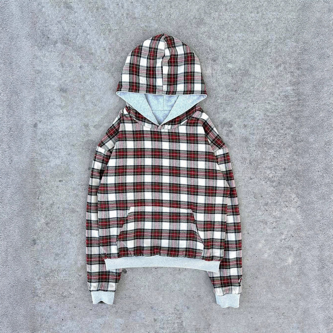 Damen nan kurz geschnittenes Kapuzensweatshirt mit kariertem Flanellfutter und Kängurutasche Drune