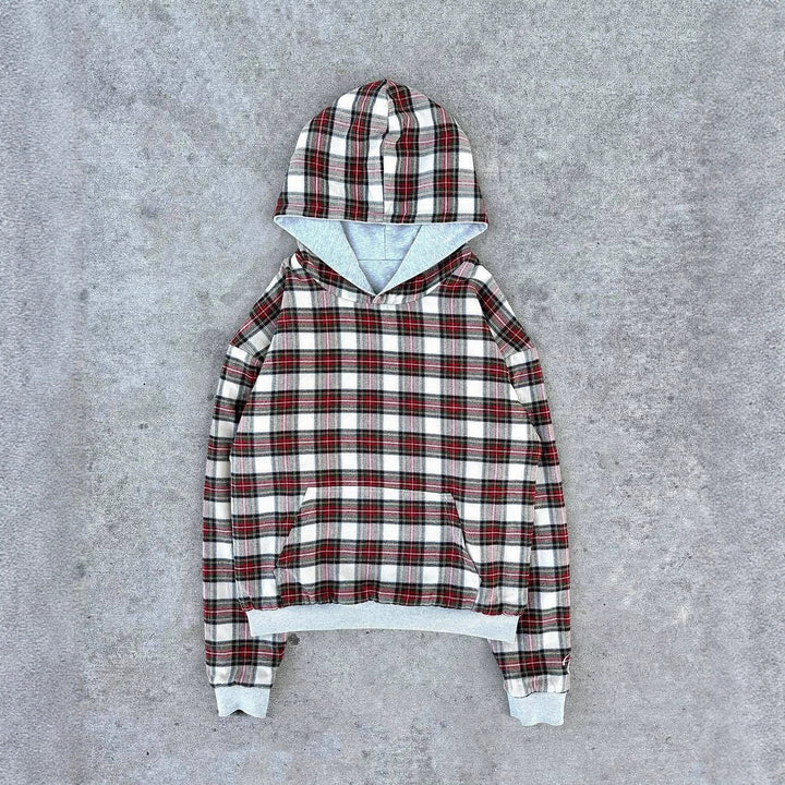 Damen nan kurz geschnittenes Kapuzensweatshirt mit kariertem Flanellfutter und Kängurutasche Drune