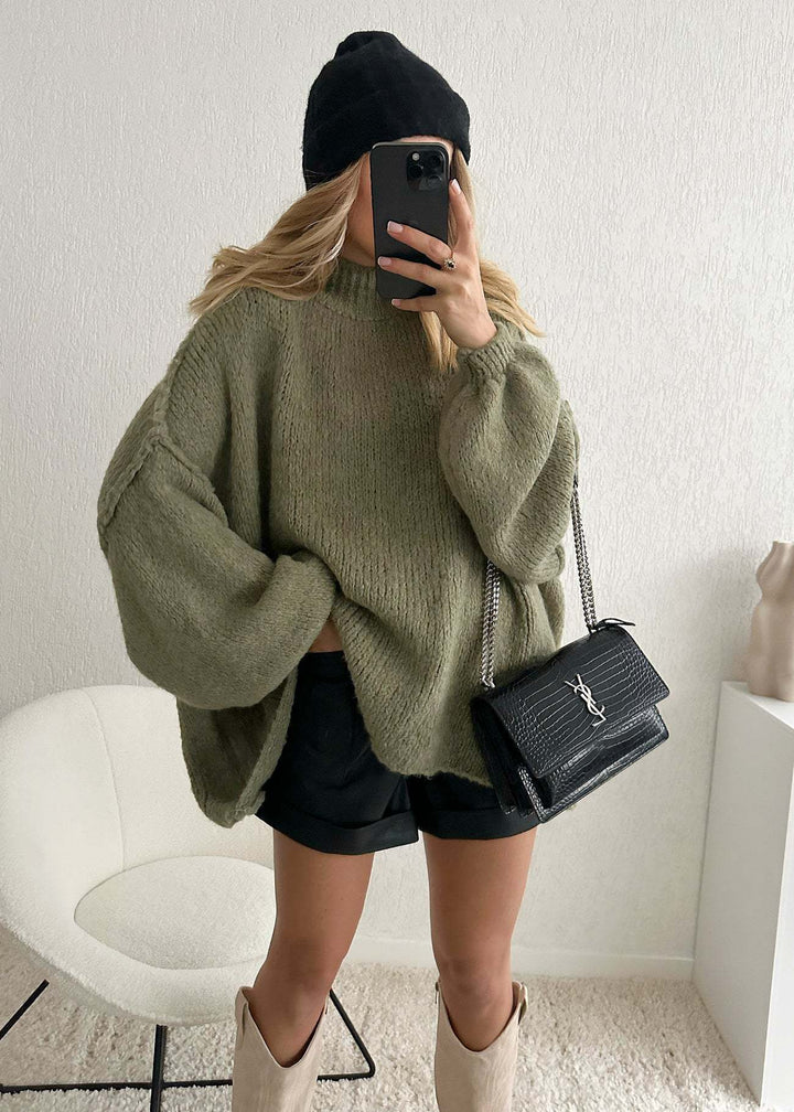 Damen oversized Strickpullover mit hohem Kragen und Ballonärmeln Drune