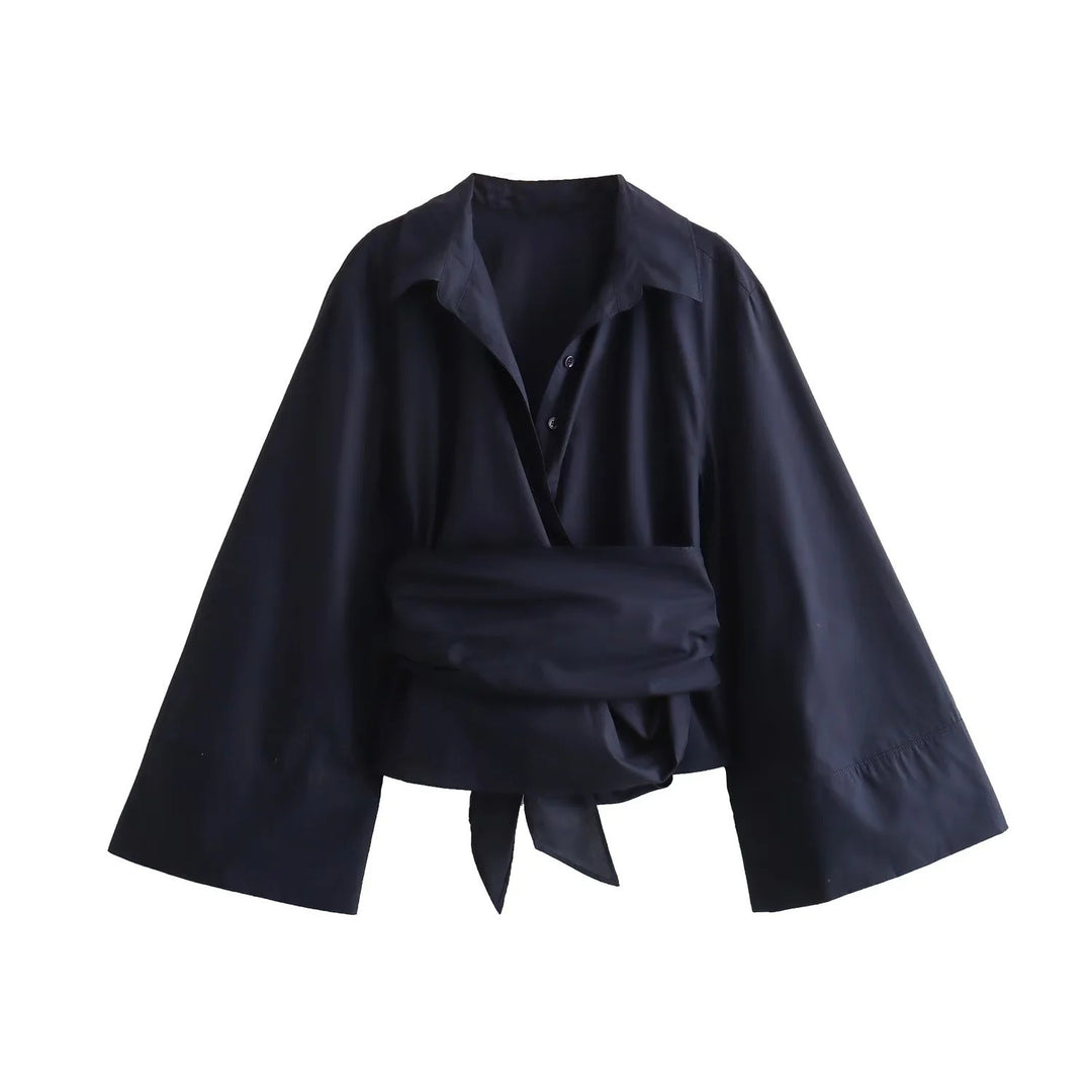 Damen 200+ elegante Wickelbluse mit weiten Kimonoärmeln und Taillenschleife Drune