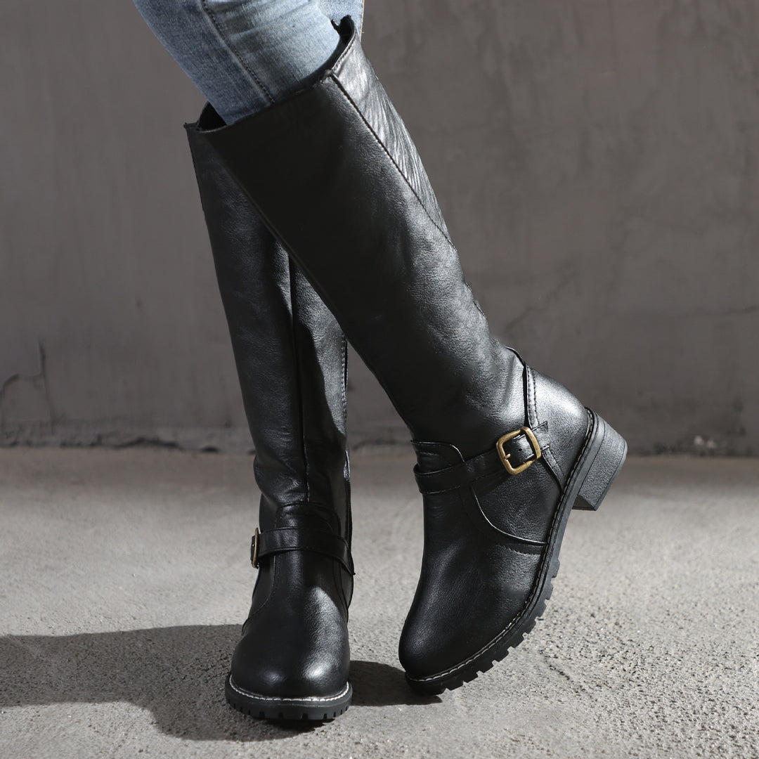 Damen Kniehohe Vintage-Bikerstiefel mit Blockabsatz und Zierspange Drune