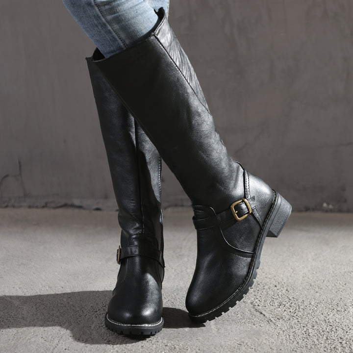 Damen Kniehohe Vintage-Bikerstiefel mit Blockabsatz und Zierspange Drune