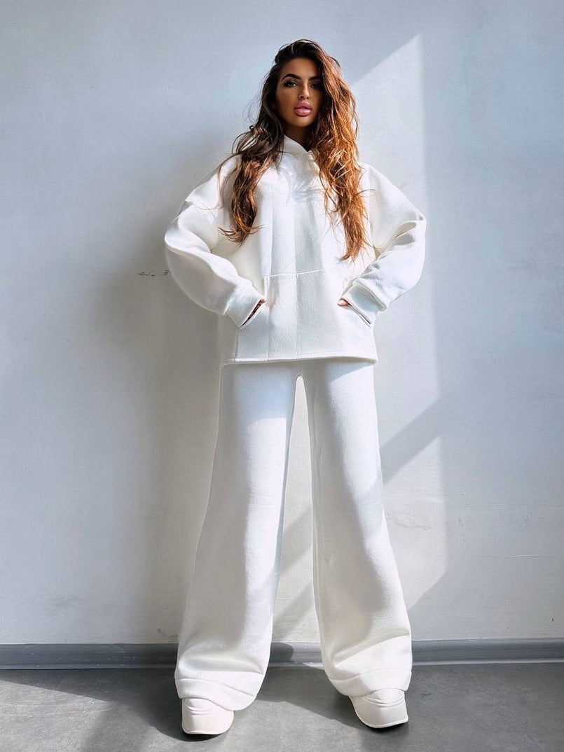 Damen Scuba-Fleece Lounge-Set mit Oversize-Kapuzenpullover und weiter Flare-Hose Drune