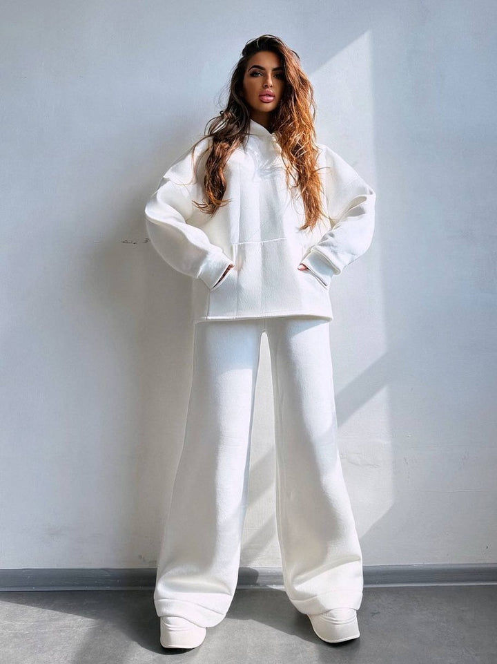 Damen Scuba-Fleece Lounge-Set mit Oversize-Kapuzenpullover und weiter Flare-Hose Drune