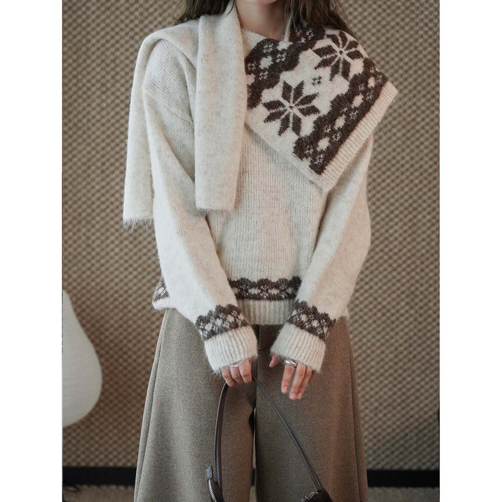 Damen Kuscheliger Feinstrick-Pullover mit integriertem Schultertuch und Jacquardbund Drune