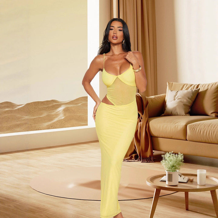 Damen Elegantes Stretch-Maxikleid mit transparenten Einsätzen und spaghetti Trägern Drune
