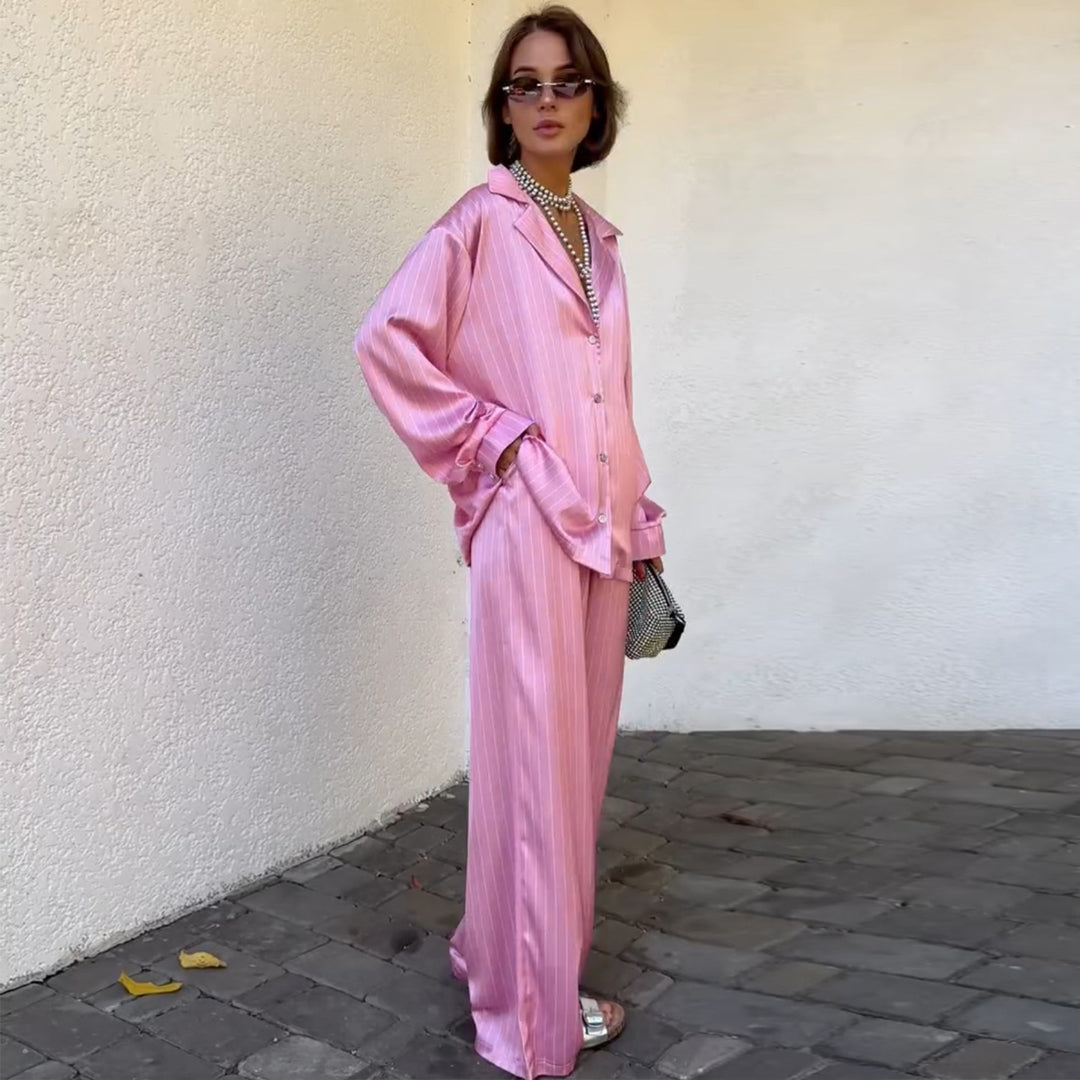 Damen Schlafanzugset aus satinierter Baumwolle mit eleganten Streifen und lockerem Schnitt Drune