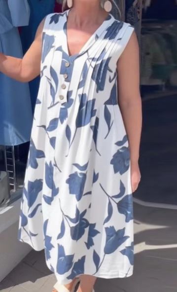 Damen nan ärmelloses A-Linien-Midikleid mit V-Ausschnitt, Brustfalten, Knopfleiste und großem Blumenprint Drune
