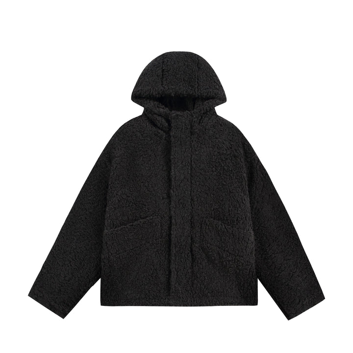 Damen Oversize Sherpa‑Kapuzenjacke mit verdeckter Frontblende und aufgesetzten Taschen Drune