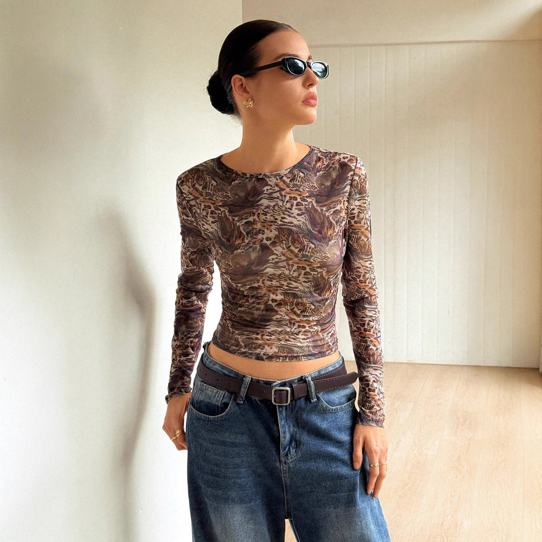 Damen nan schlanker Stretch-Longsleeve aus feinem Mesh mit abstraktem Tiermuster und tailliertem Cropped-Schnitt Drune