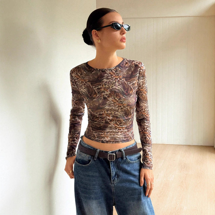 Damen nan schlanker Stretch-Longsleeve aus feinem Mesh mit abstraktem Tiermuster und tailliertem Cropped-Schnitt Drune