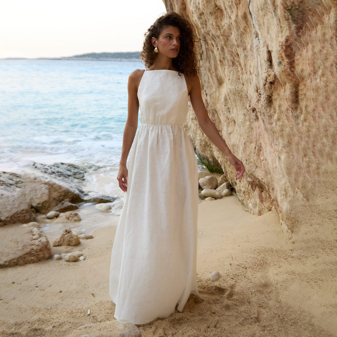 Damen Elegantes Maxikleid aus Leinen mit Querriemen Drune