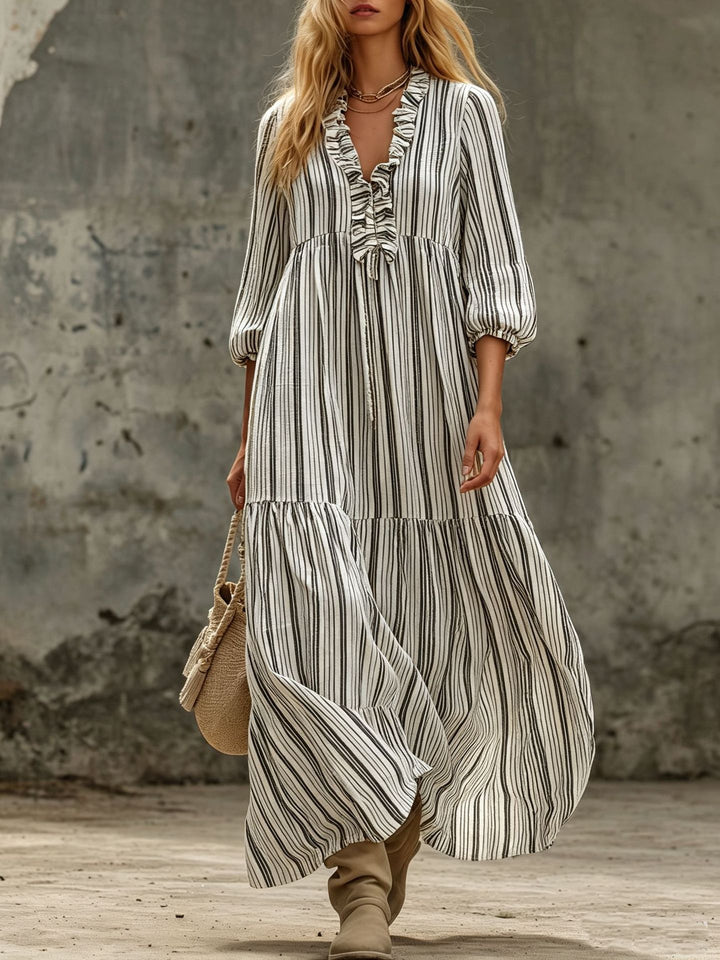 Damen Maxikleid mit Rüschen-V-Ausschnitt und Ballonärmeln Drune