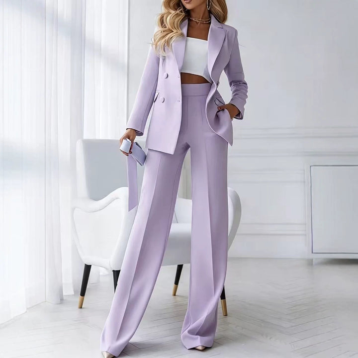 Damen Zweiteiliger Business-Hosenanzug mit tailliertem Zweireiherblazer und High-Waist Palazzo-Hose Drune