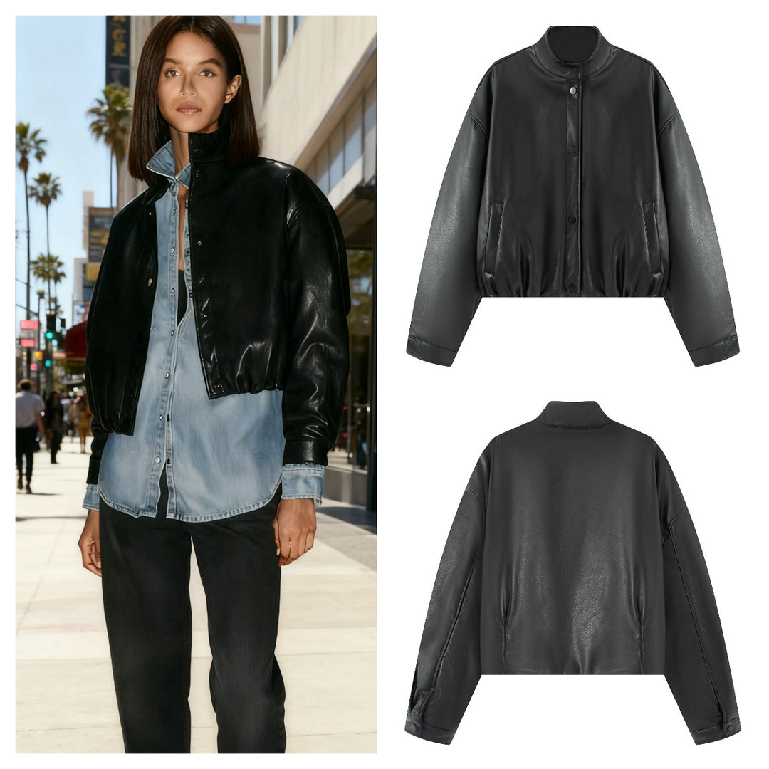 Damen stylische Kunstlederjacke mit Stehkragen Drune