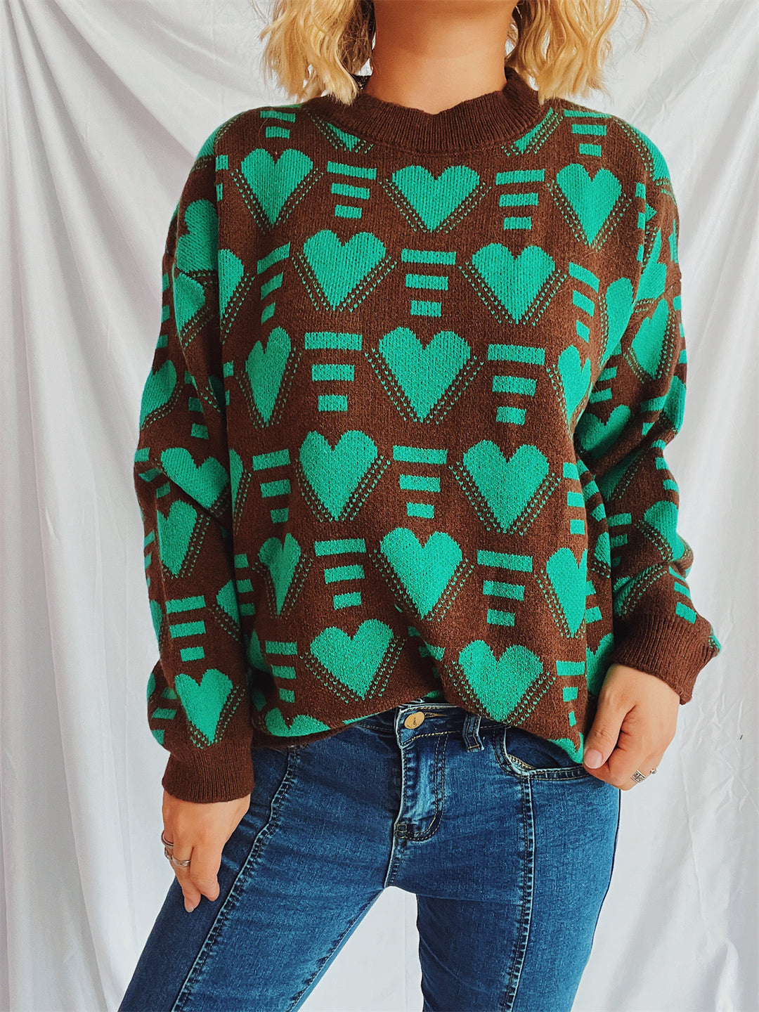 Damen kuscheliger Oversized-Pullover mit herzförmigem Muster Drune
