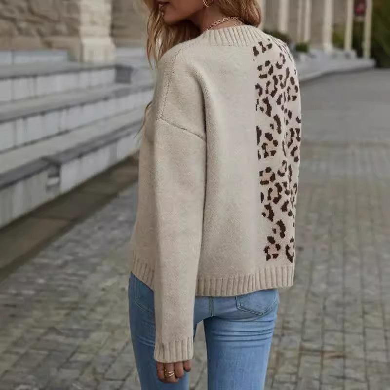 Damen Grobstrickpullover mit modernem Leo-Design und tiefem V-Ausschnitt Drune