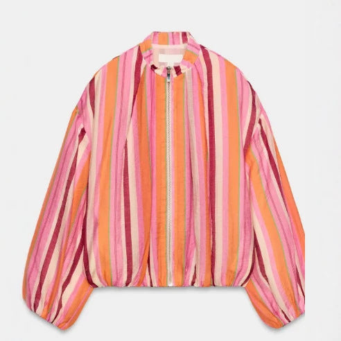 Damen Leichte gestreifte Cropped‑Bomberjacke mit Ballonärmeln und Reißverschluss Drune