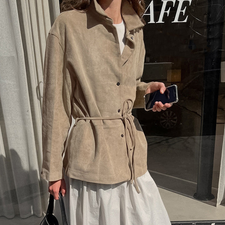 Damen Oversize Velourslederoptik-Utility-Jacke mit Tunnelzugtaillierung Drune