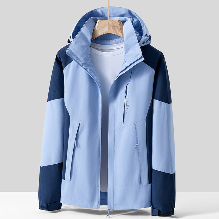 Unisex Atmungsaktive Softshell-Outdoorjacke im Colorblock-Design mit regulierbarer Kapuze und verdecktem Zweiwege-Reißverschluss Drune