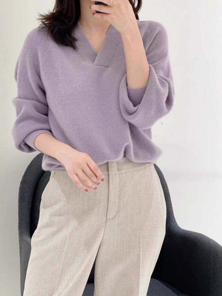 Damen Lockerer V‑Ausschnitt-Pullover aus feinem Rippenstrick mit überschnittener Schulter Drune
