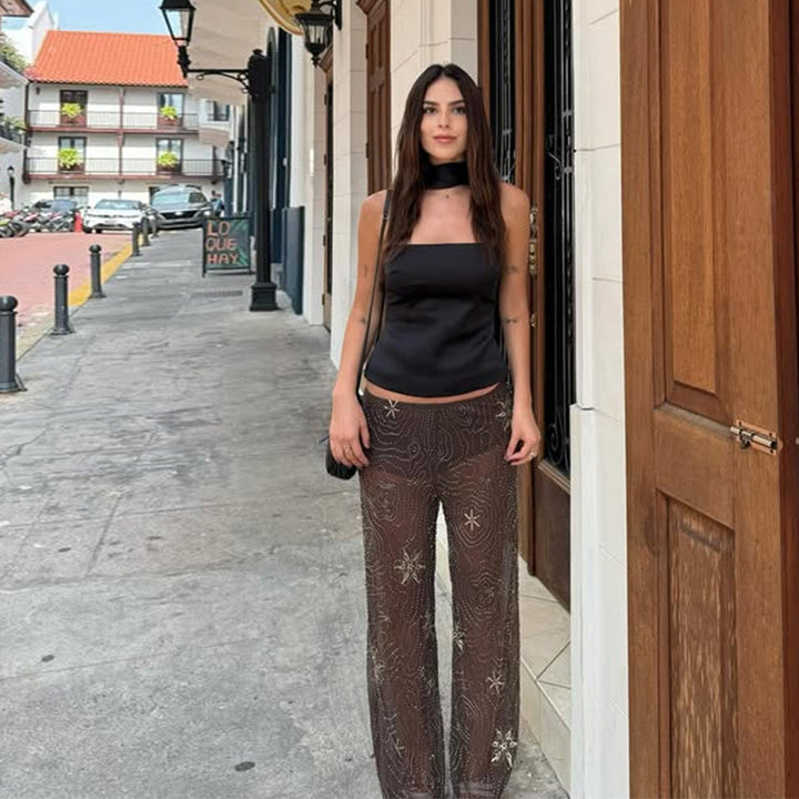 Damen Elegante, bestickte Pailetten-Hose im Palazzo-Stil Drune