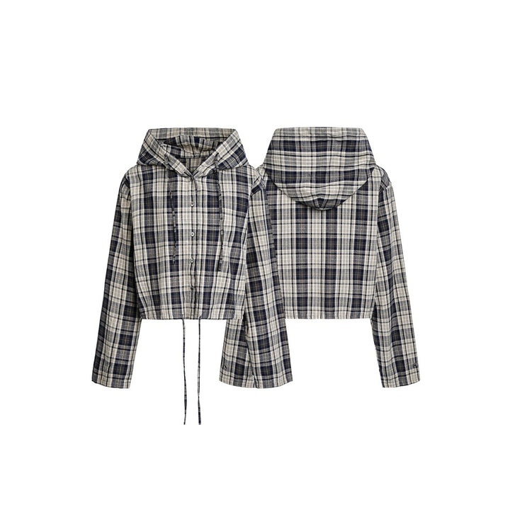 Damen Kurz geschnittene Kapuzen-Hemdjacke im Karo-Look mit Tunnelzugsaum Drune