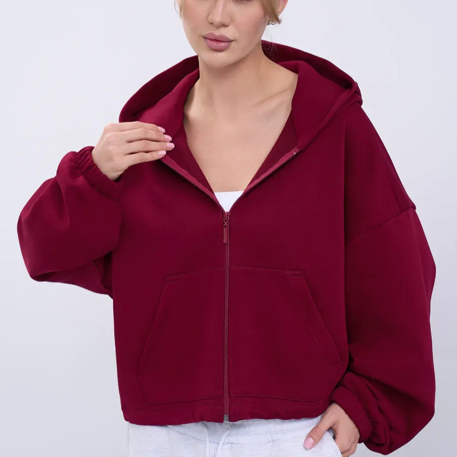 Damen legeres Cropped-Fleece-Hoodie mit Tunnelzugbund, Raglanärmeln und Reißverschluss Drune