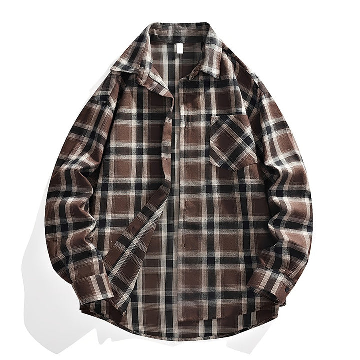 Herren Oversize karierte Flanellhemdjacke mit Brusttasche & abgerundetem Saum Drune