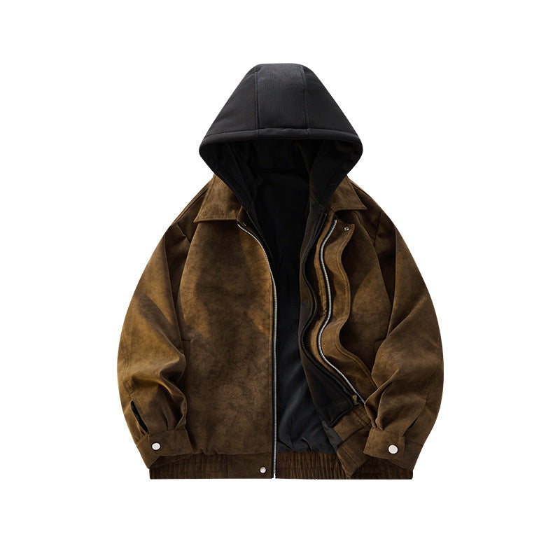 Herren Oversized Velourslederoptik Bomberjacke mit Kapuze und Doppelreißverschluss Drune