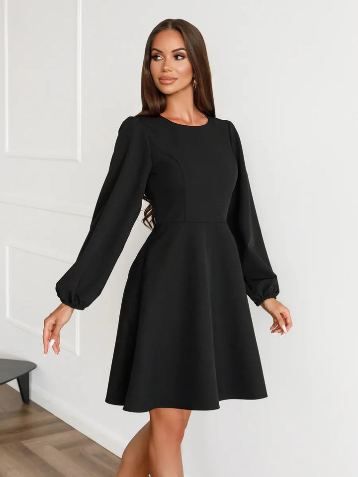 Damen schickes Cocktailkleid mit geraffter Taille, langen Ballonärmeln und rundem Ausschnitt Drune